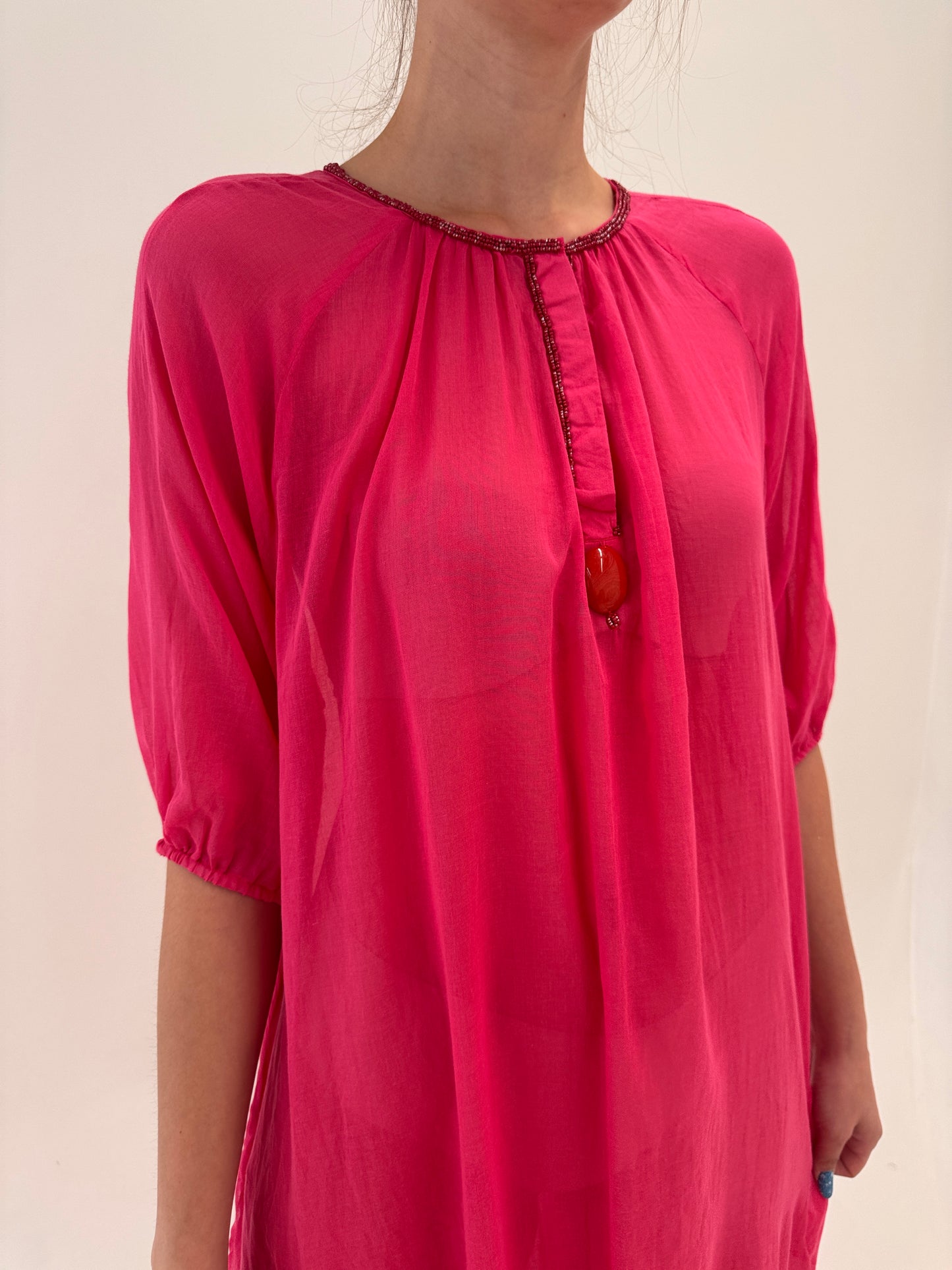 Kaftan fucsia de plajă italian din cel mai fin bumbac nou cu eticheta