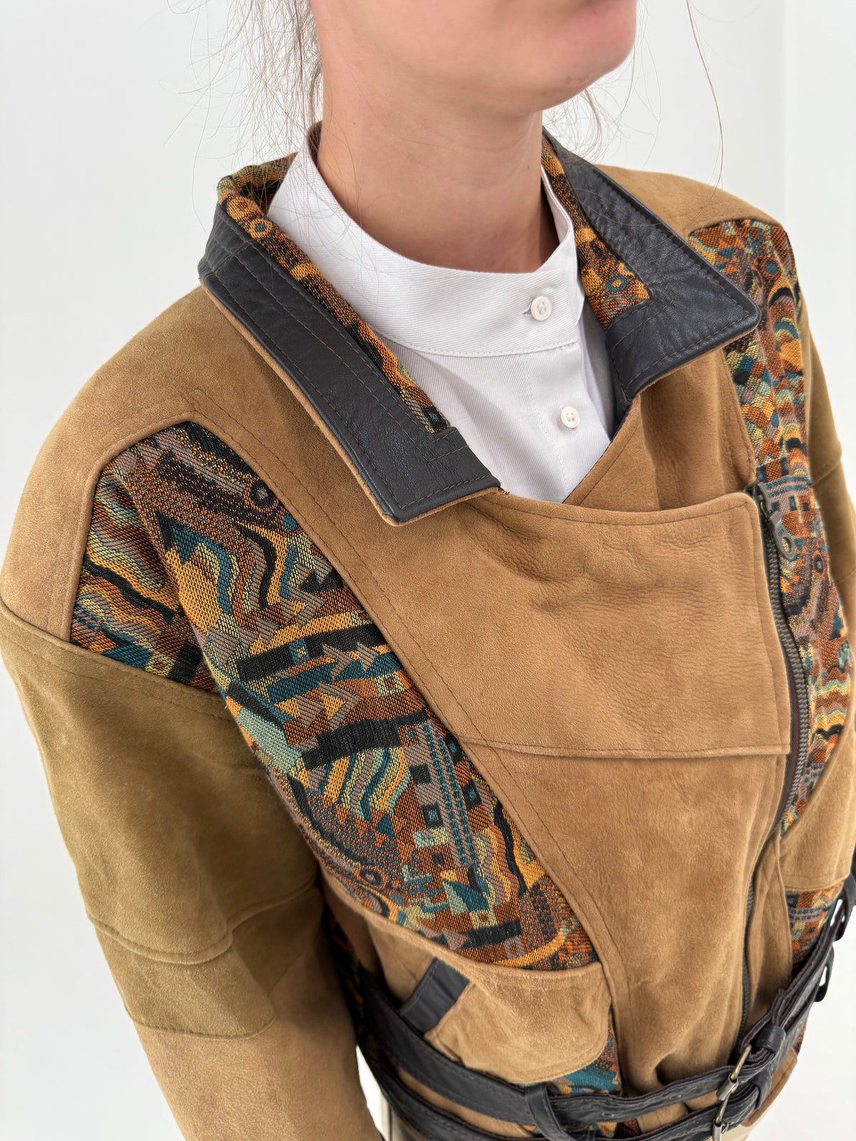 Geaca biker petite vintage camel din piele naturală și brocart
