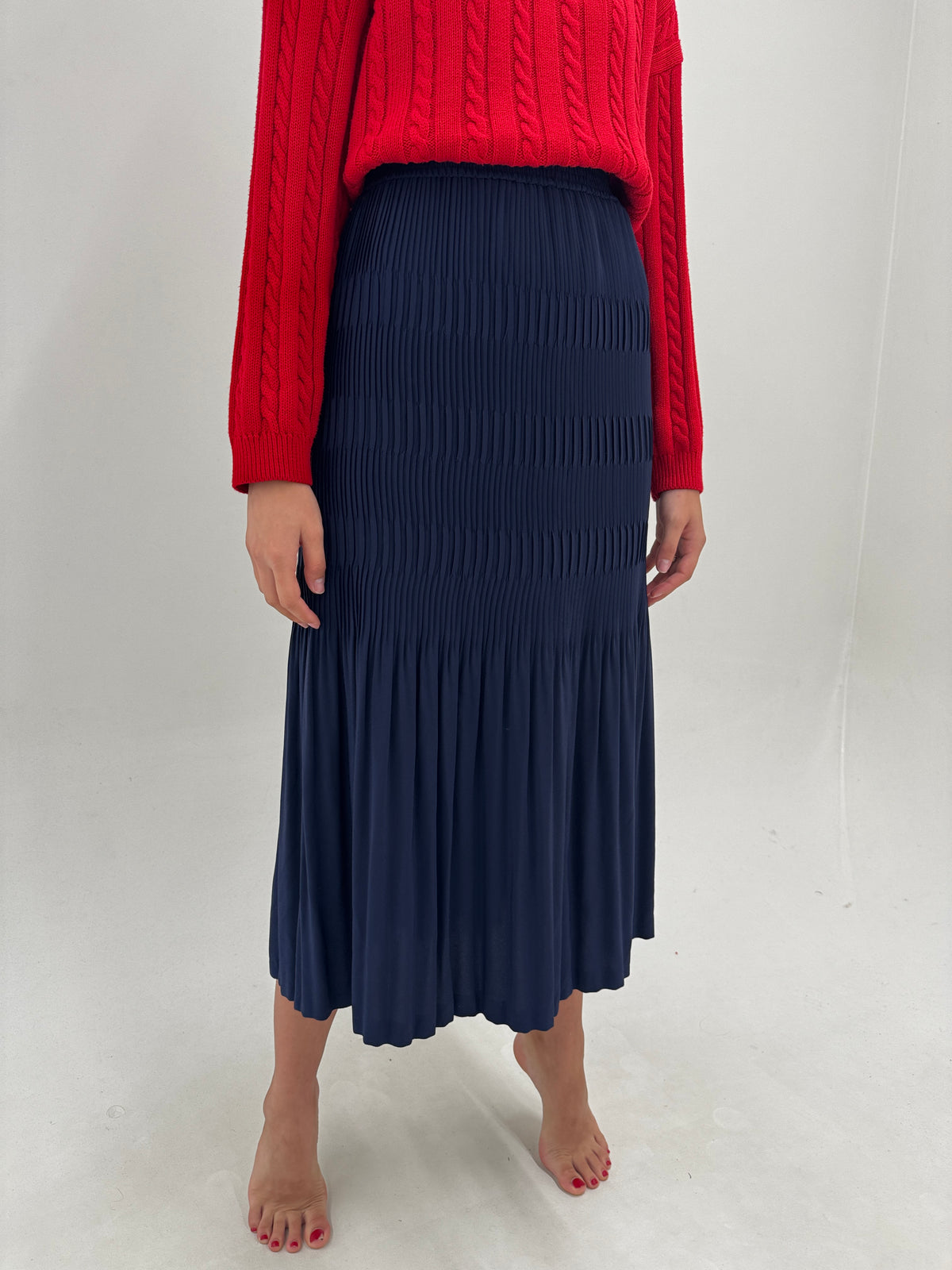 Fustă maxi Navy blue cu pliseri și talie ultra înaltă marcată elastică