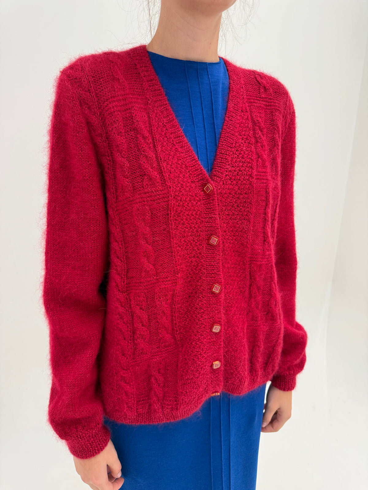 Cardigan vintage raspberry red din baby mohair