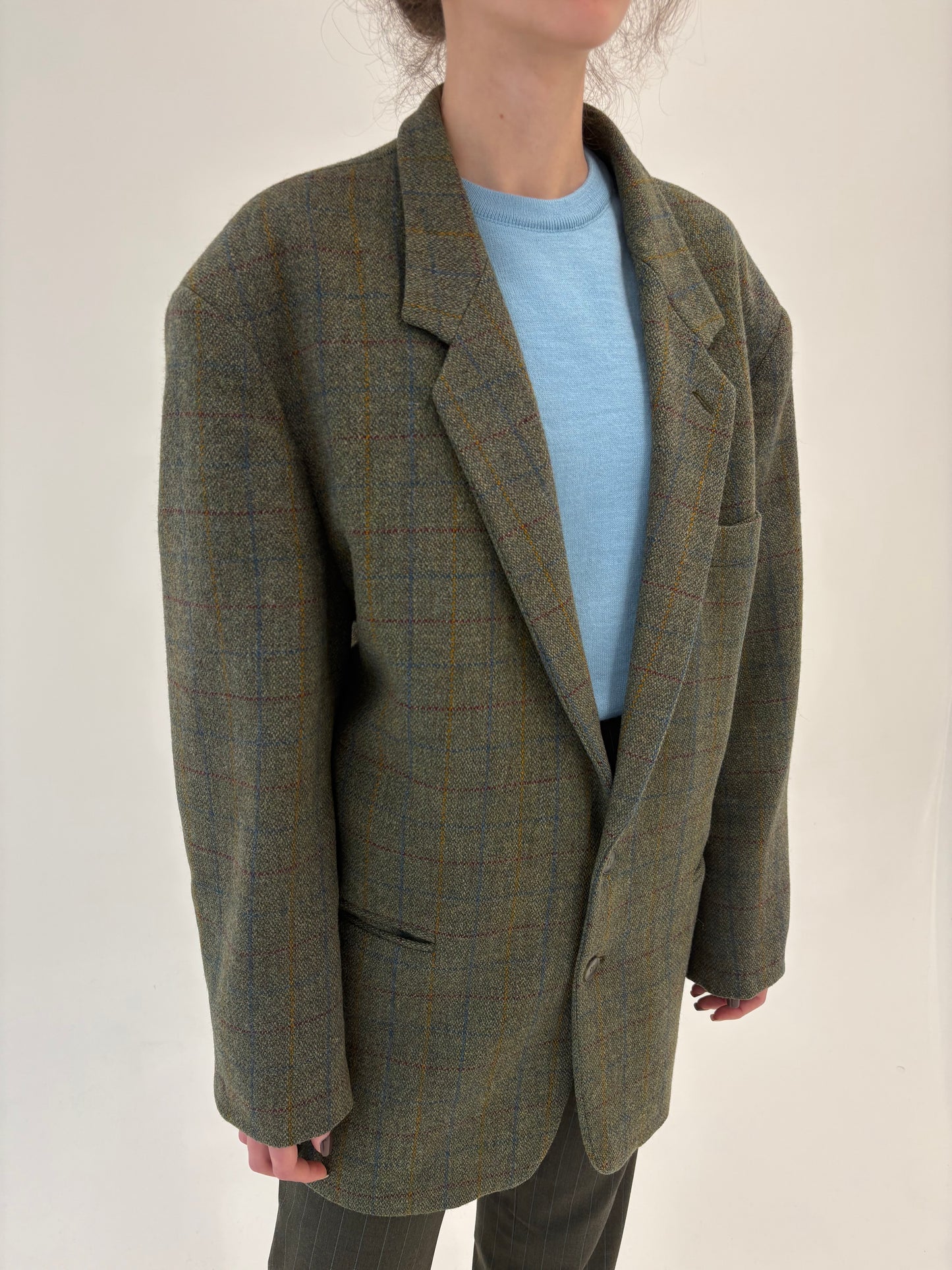 Sacou plus size din tweed forest green în carouri colorate