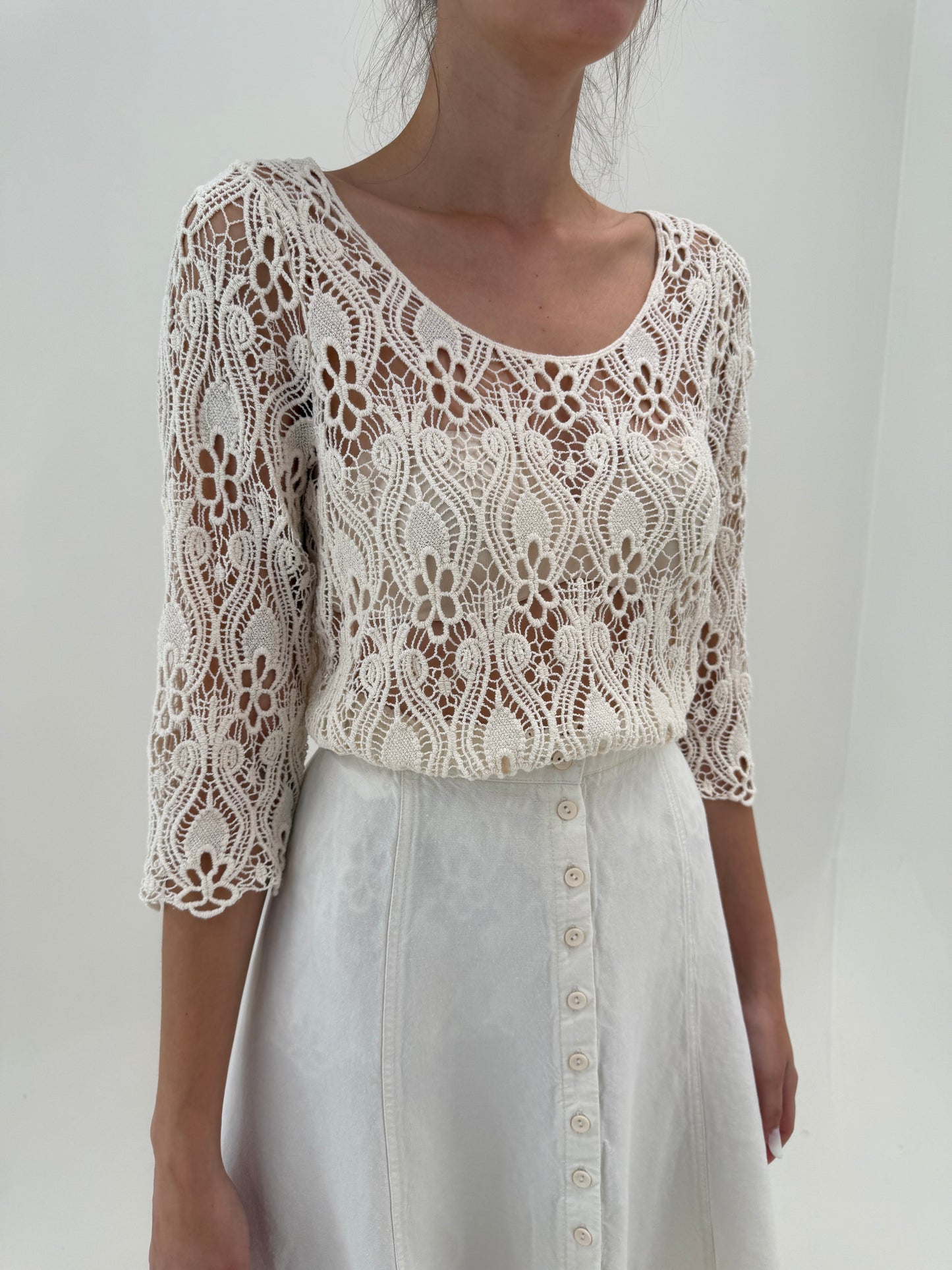 Bluză din macrame în croi lung butter white