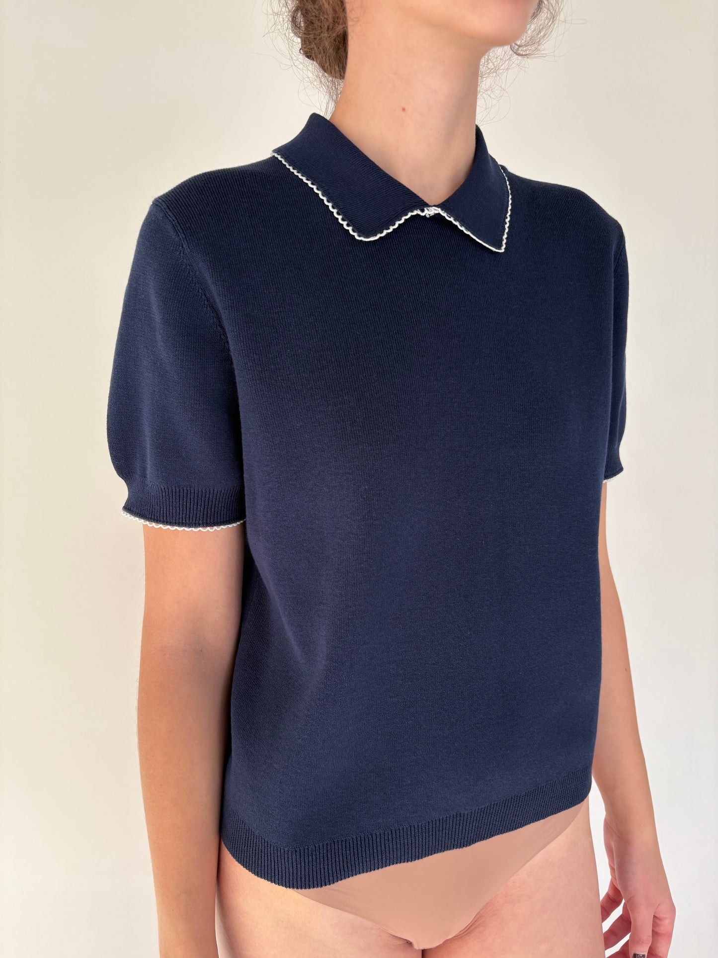 Top polo Navy blue din bumbac gros de gramaj super mare cu broderie