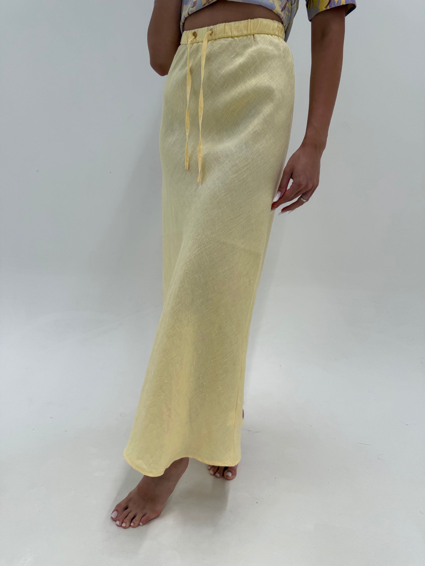 Fusta maxi din in premium butter yellow in bie cu talie reglabilă