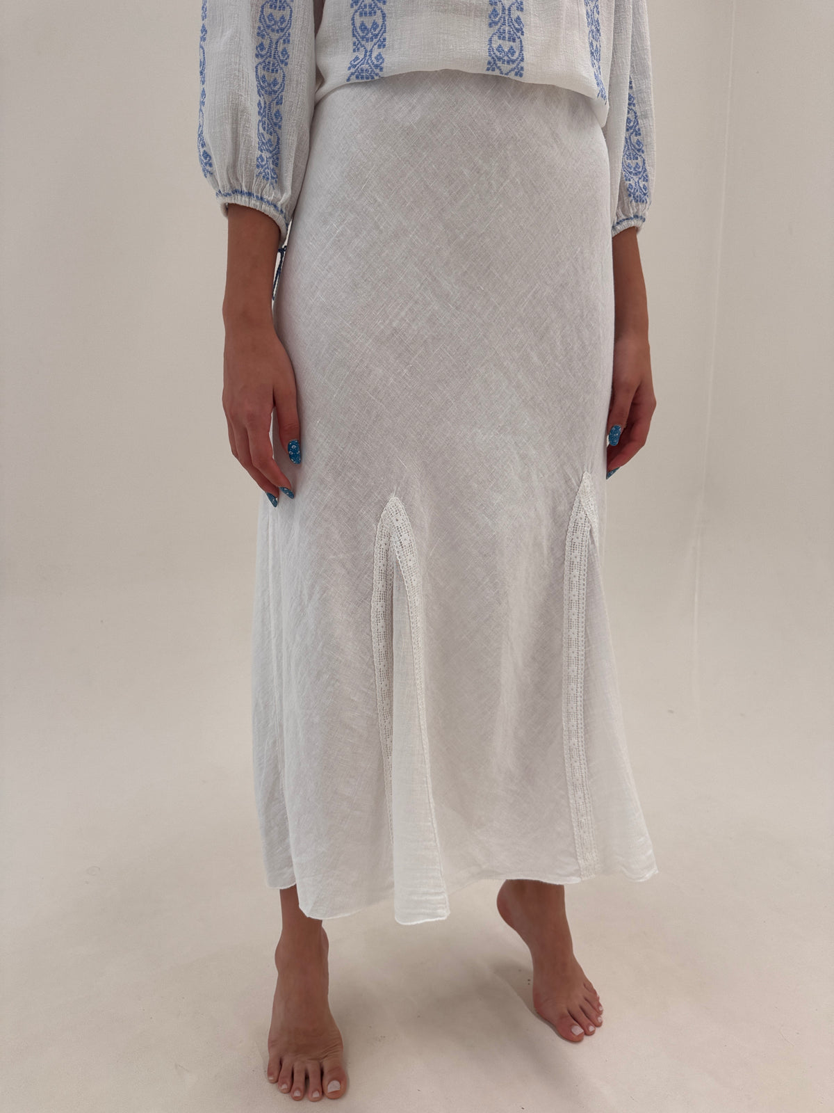 Fustă maxi italiana din in premium cu inserții de macrame în bie