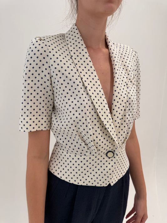 Sacou vintage cu buline din pânză de in off white cu talie ultra marcată