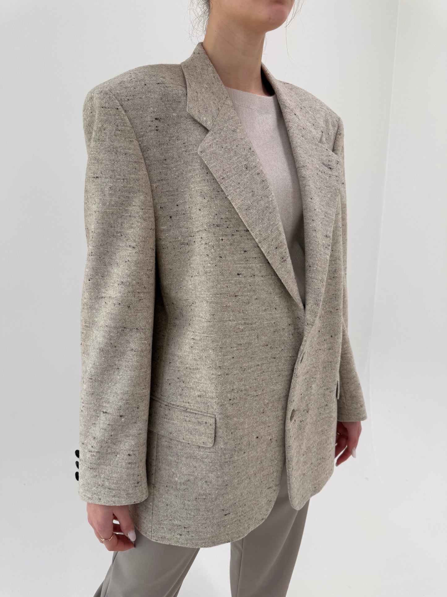 Sacou tall luxury Ungaro din stofă melanj nude cu chocolate brown