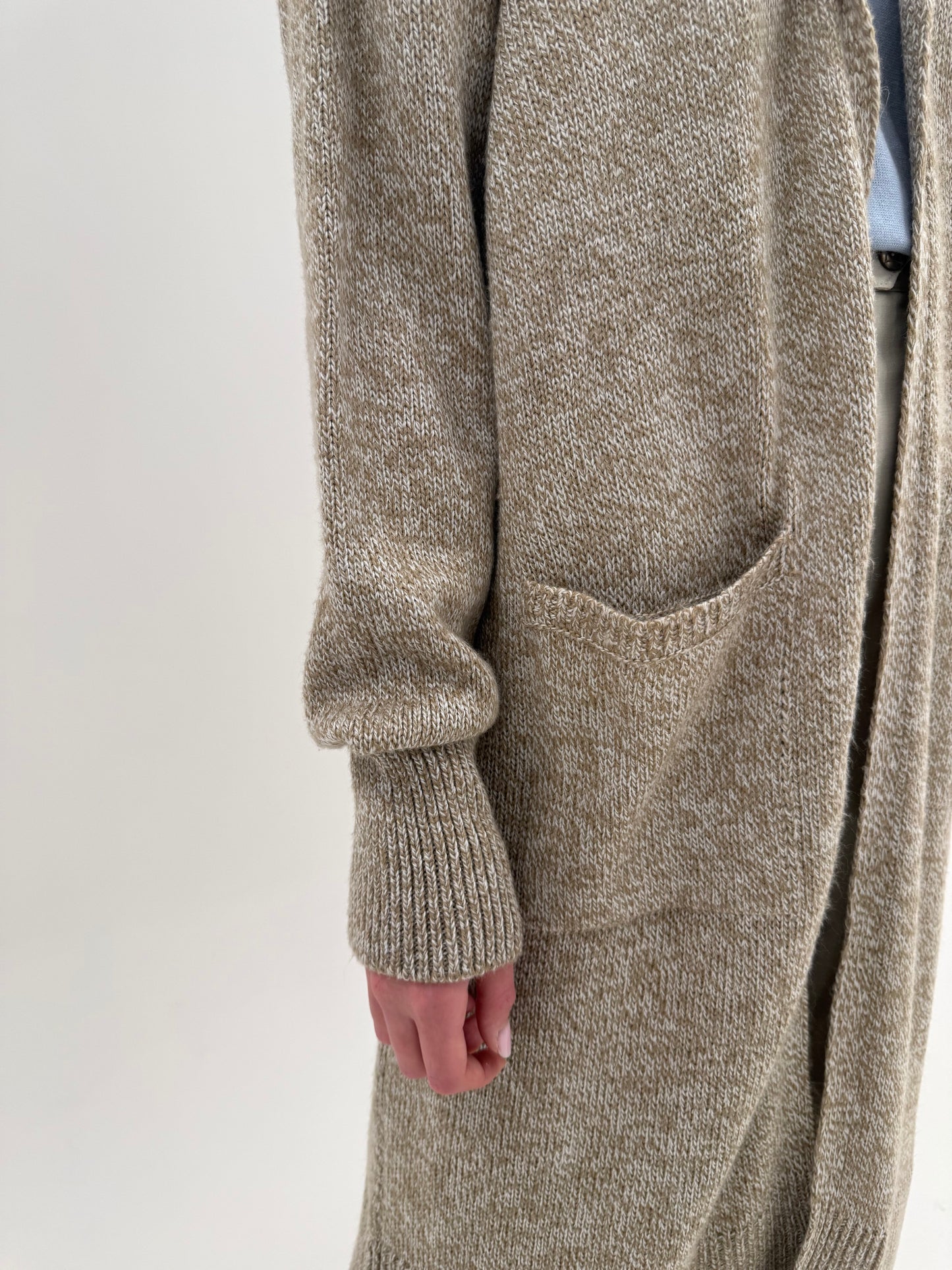 Cardigan lung Camel melanj cu ivoire din lana extrafina cu buzunare