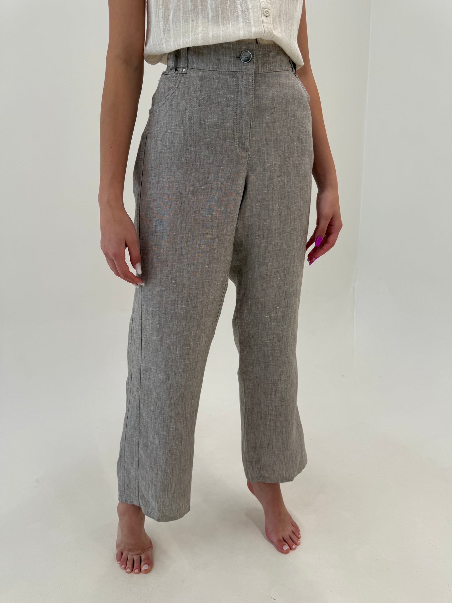 Pantaloni melanj warm gray si camel din in premium în croi drept