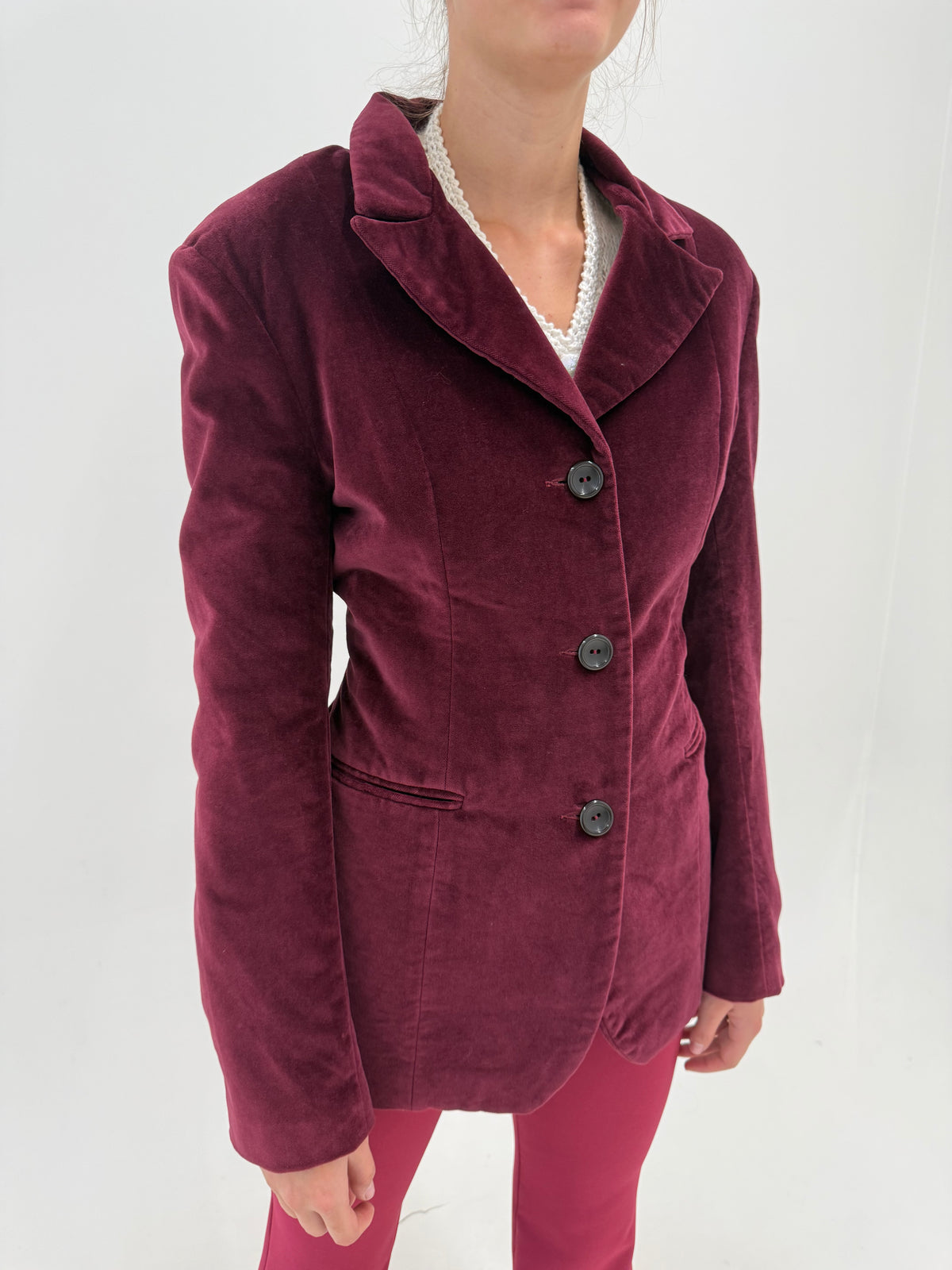 Sacou tall burgundy cambrat din catifea de bumbac