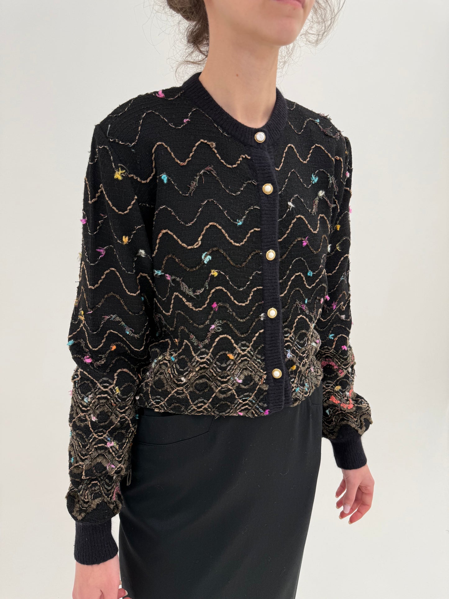 Cardigan vintage negru italian cu inserții superbe curcubeu