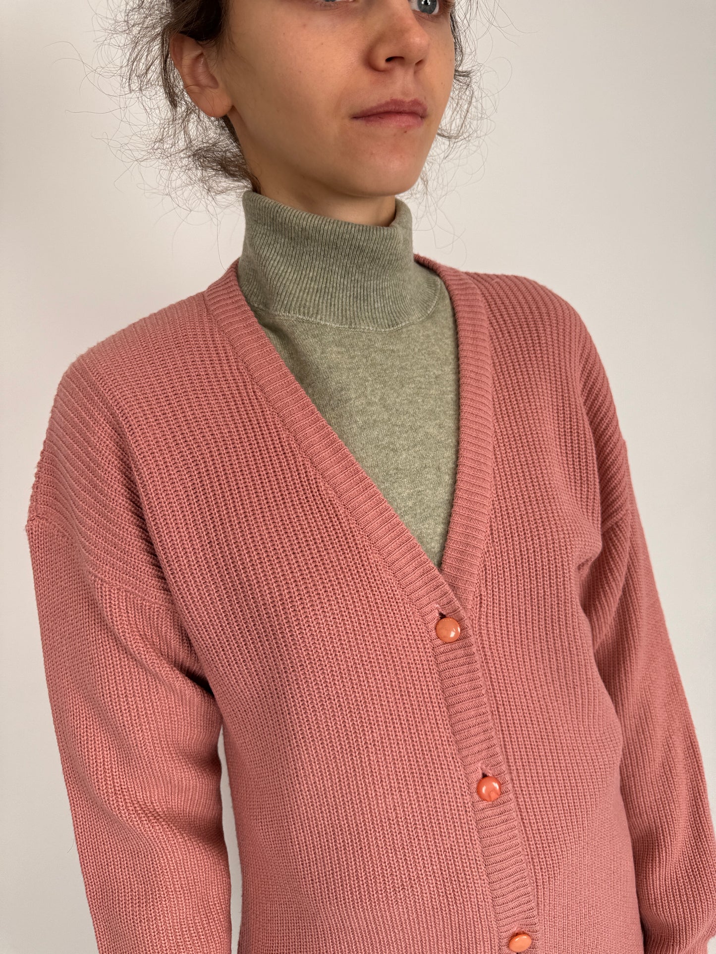 Cardigan peachy pink din mix de lana extafina ribbed