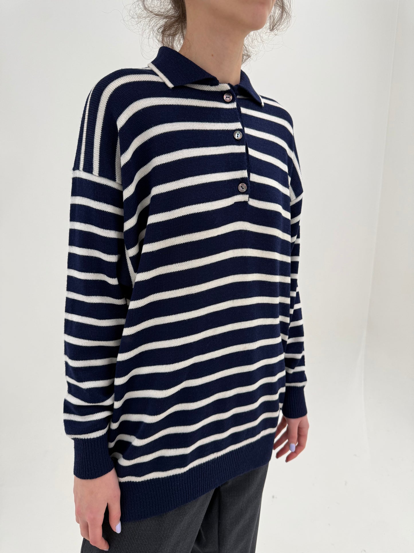 Pulover vintage polo în dungi din lana merino extrafina de gramaj mare