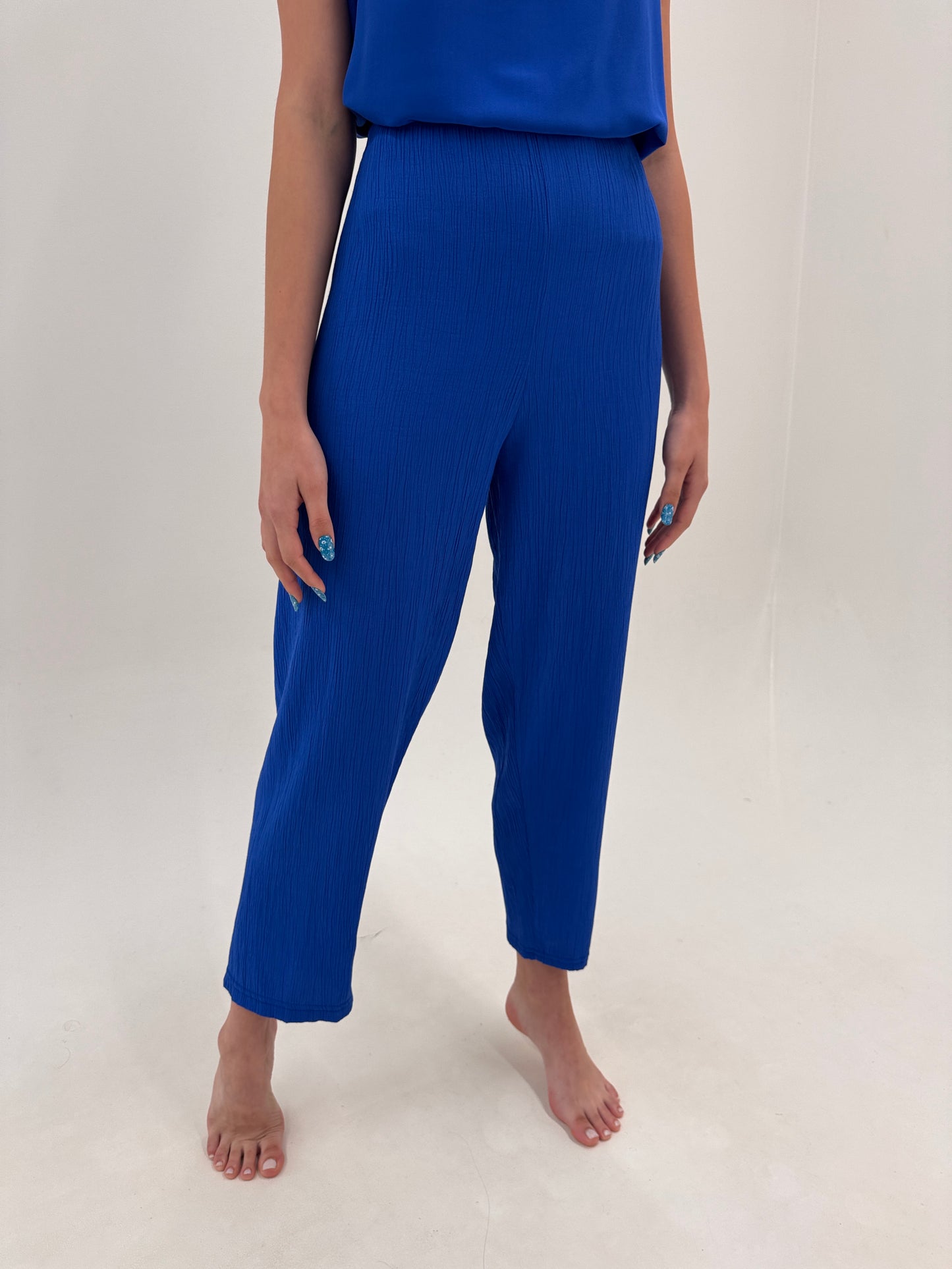 Pantaloni albastru regal super vaporoși cu talie ultra înaltă elastică generoasă
