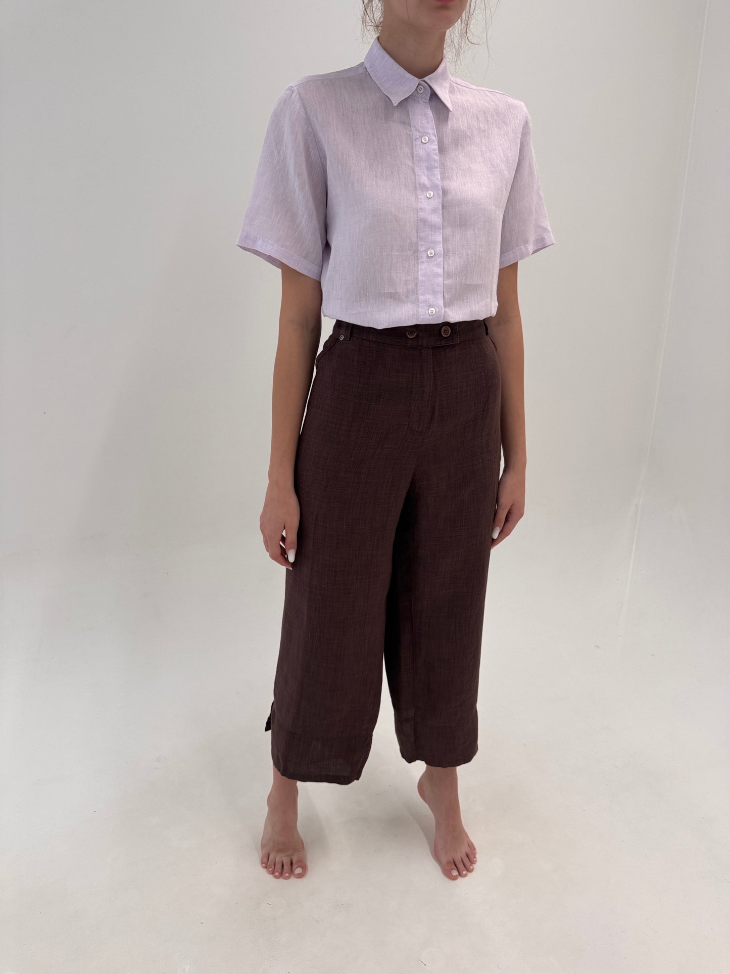 Pantaloni din in chocolate brown petite in croi drept plus size