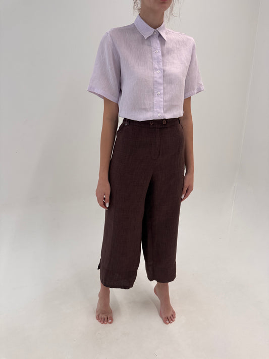 Pantaloni din in chocolate brown petite in croi drept plus size