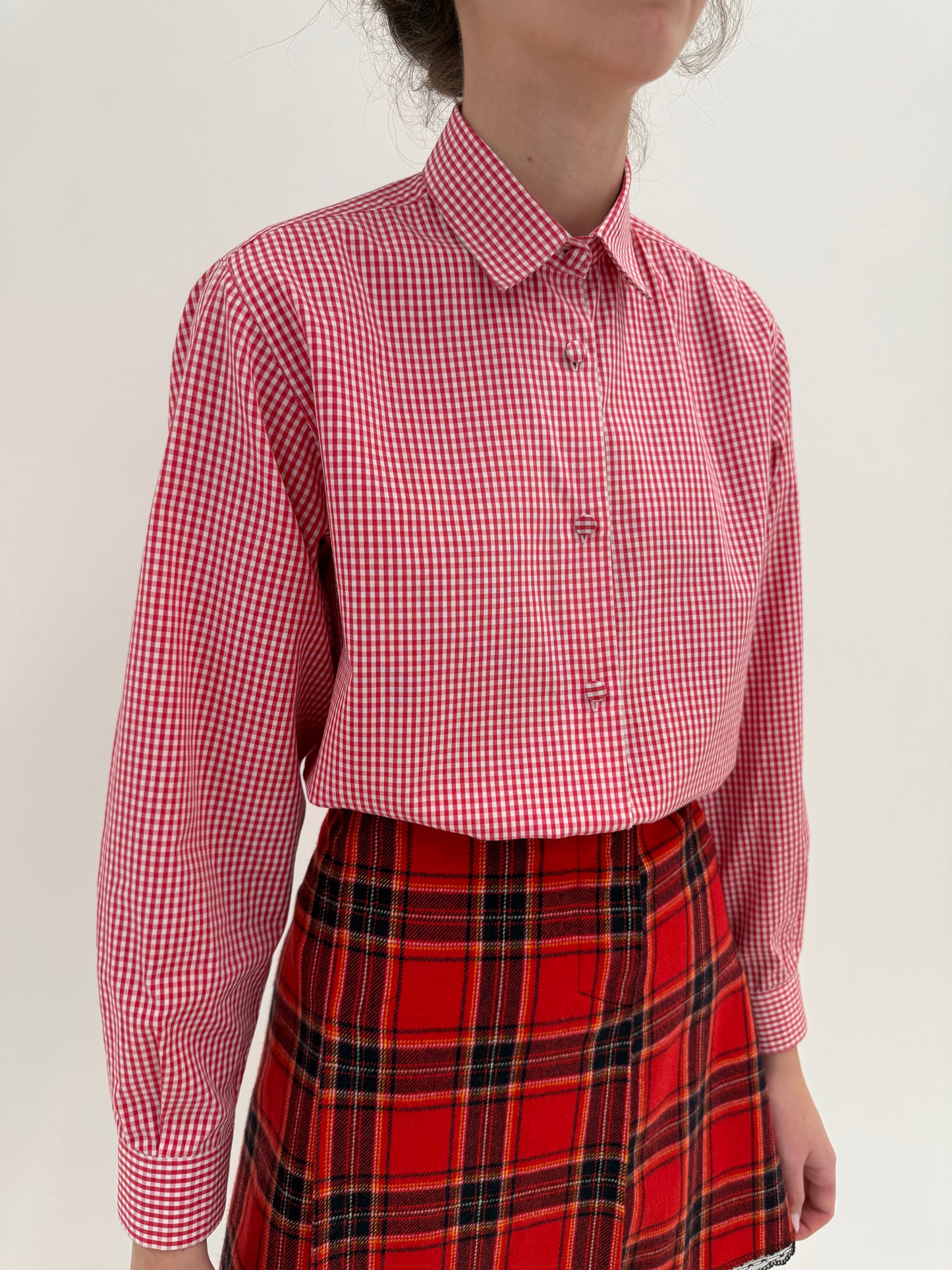 Cămașa vintage din poplin de bumbac în carouri fine cherry red