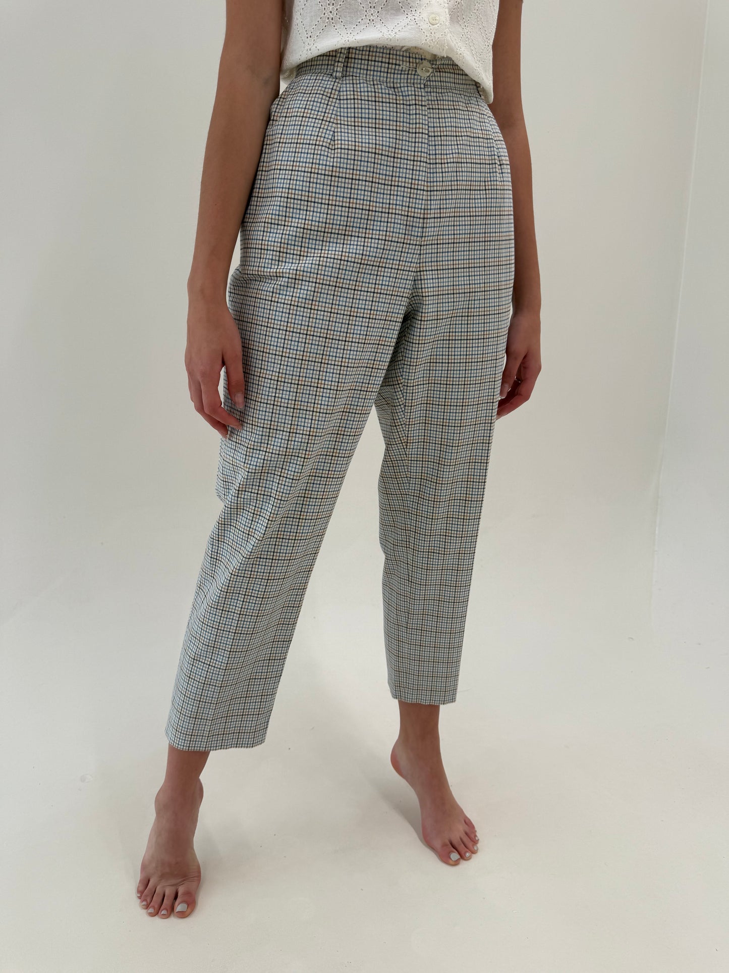 Pantaloni din pânză camel în carouri fine cu baby Blue și talie elastică