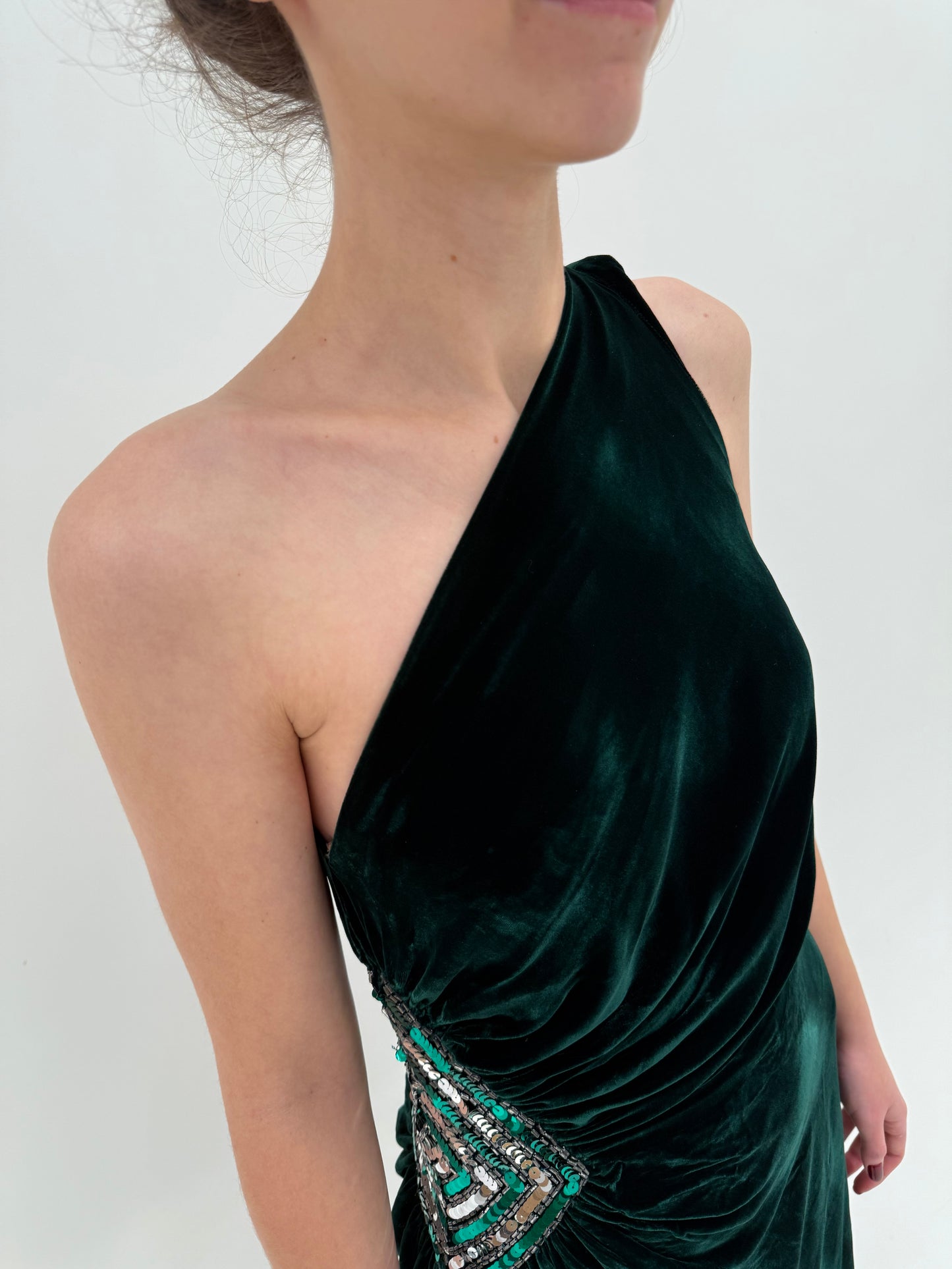 Rochie Old vintage couture de designer sfârșit de ani 70 din catifea de mătase naturală