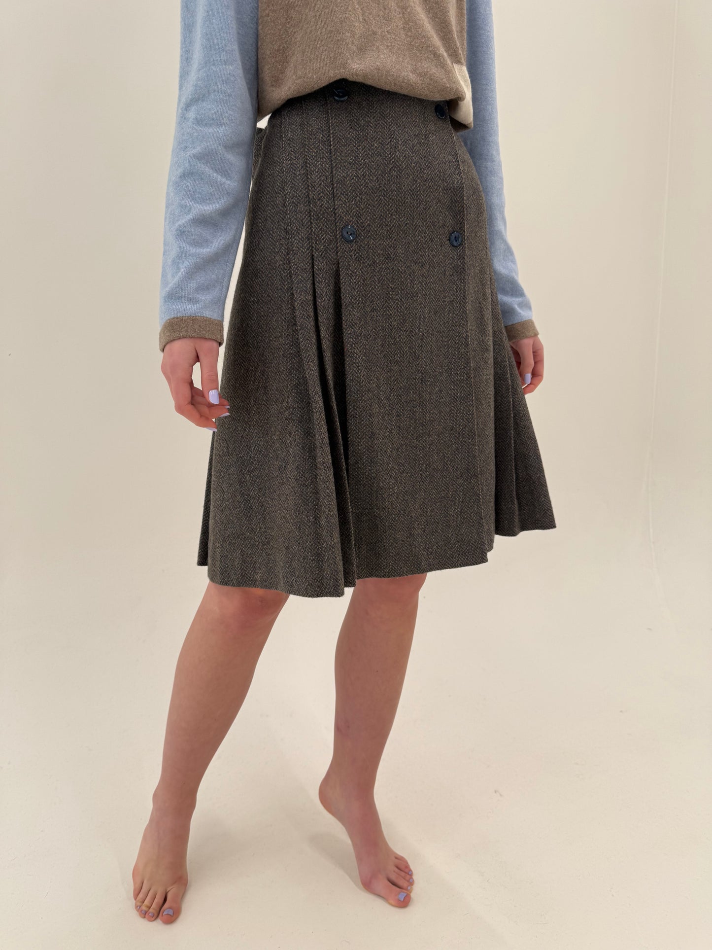 Fustă taupe și teal blue din Tartan de lana groasa cu pliseuri și talie ultra înaltă