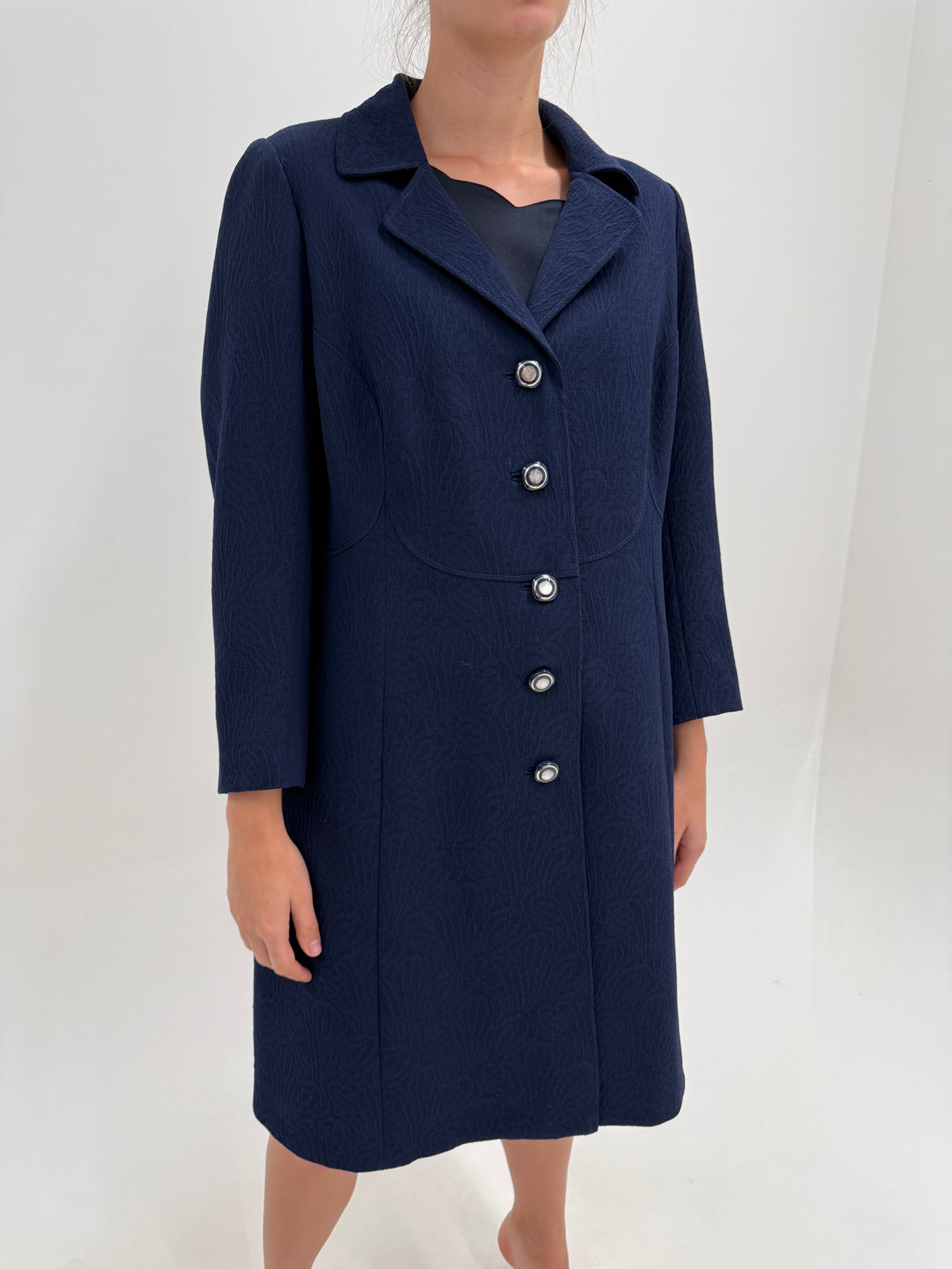 Palton de toamnă old vintage anii 60 din mix de lana extrafina brocart Navy blue