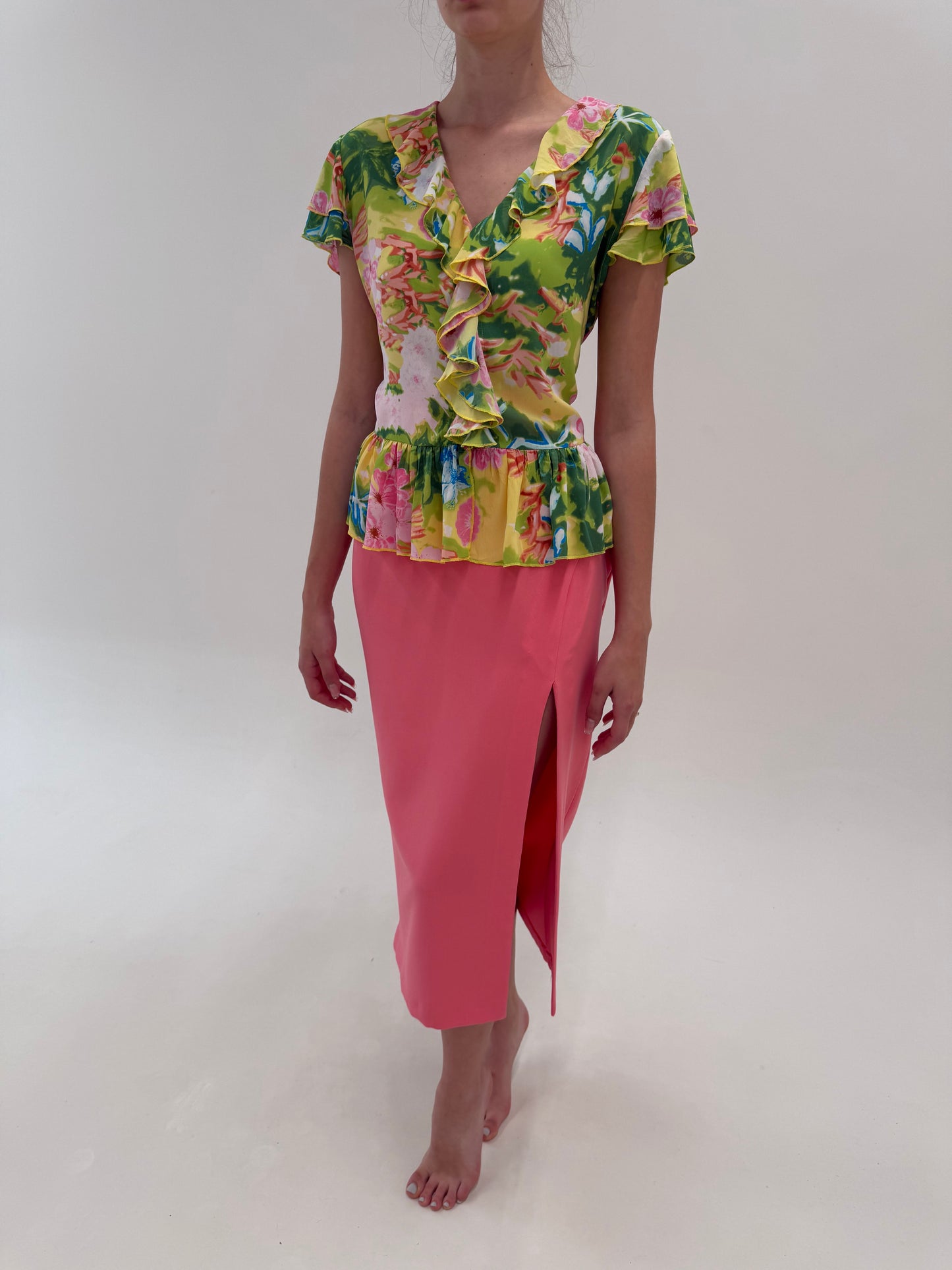 Fustă maxi creion flamingo pink cu clor adânc din crepe modelator