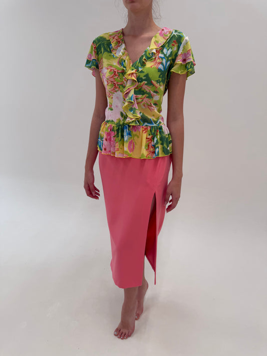 Fustă maxi creion flamingo pink cu clor adânc din crepe modelator