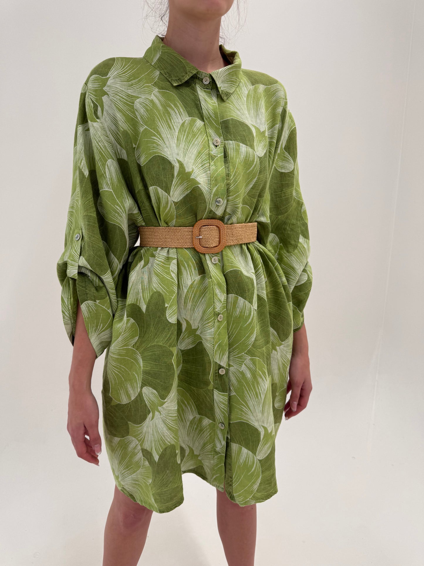 Tunica în croi lung / rochie din in premium cu print organic în nuanțe de verde