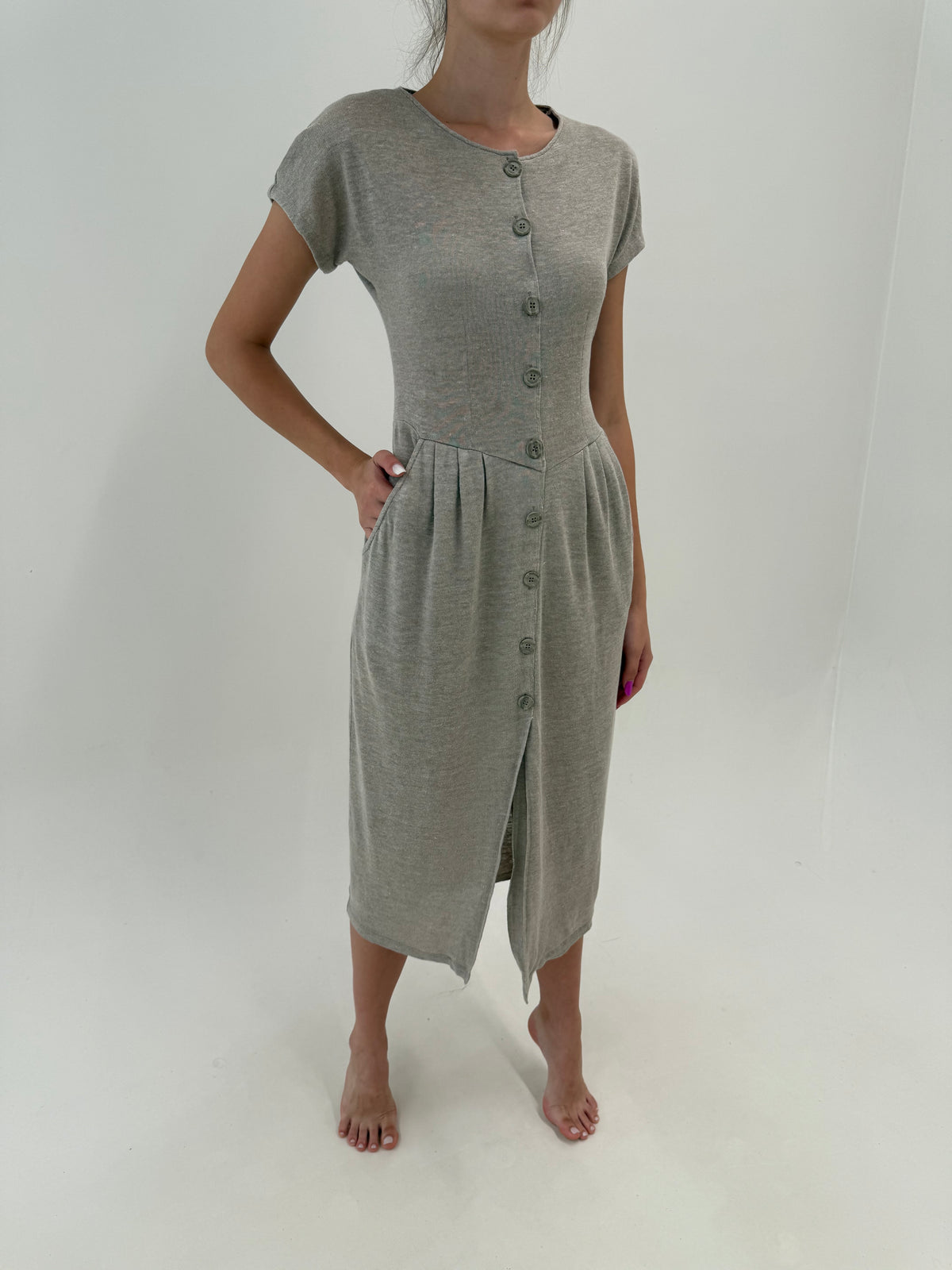 Rochie maxi vintage cu talie marcată din jerse excepțional de in sand nude