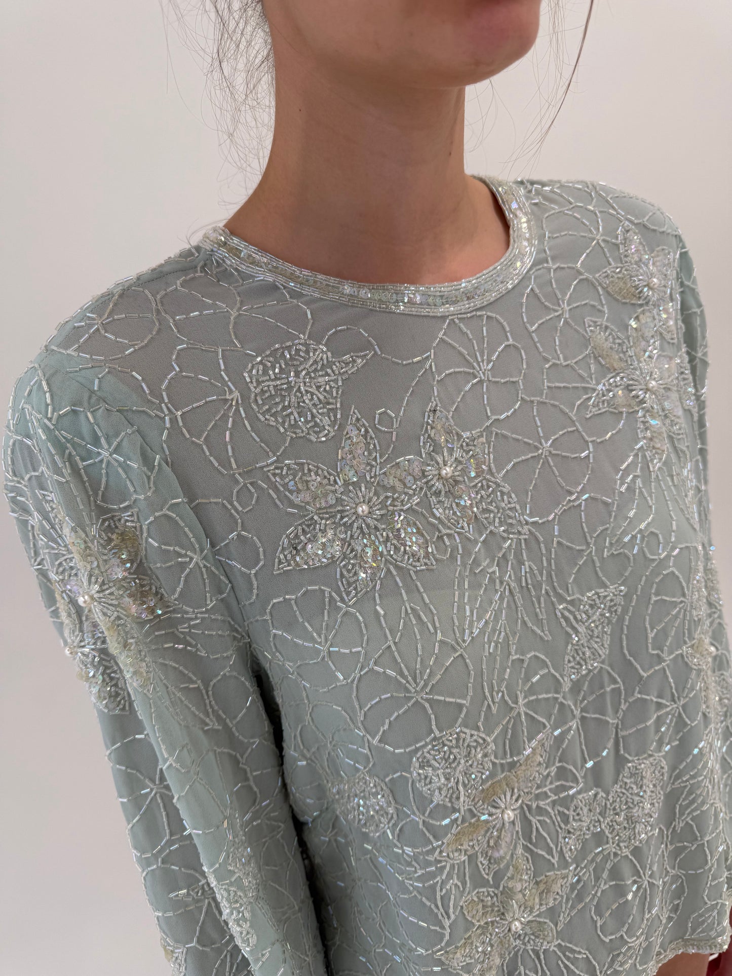 Top vintage bijuterie integral cu aplicații manuale excepționale mint green