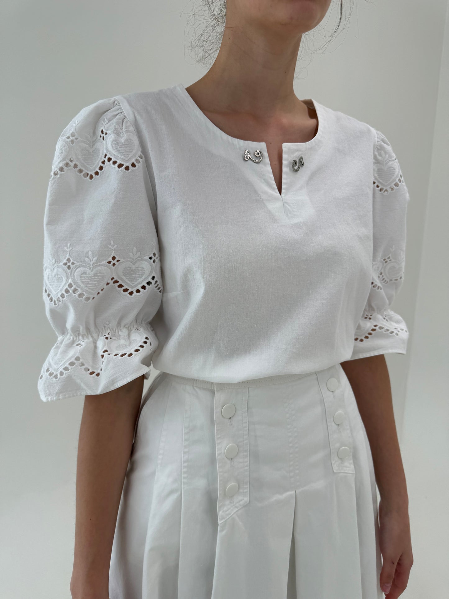 Top vintage cu broderie anglaise din pânză excepțională de bumbac