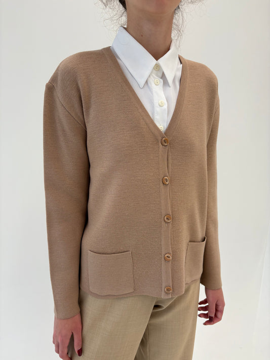 Cardigan vintage camel petite din lana merino extrafina de gramaj mare