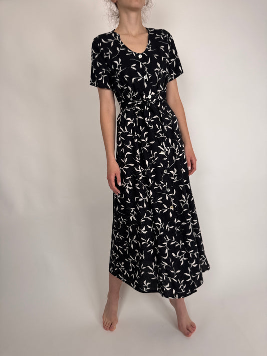 Rochie vintage maxi neagră cu print organic delicat