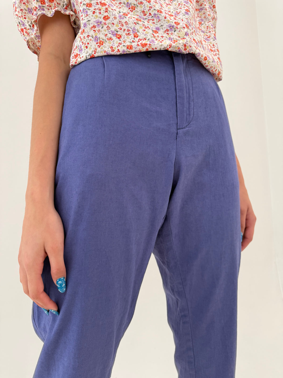 Pantaloni din pânză de in și bumbac Iris blue cu talie ultra înaltă