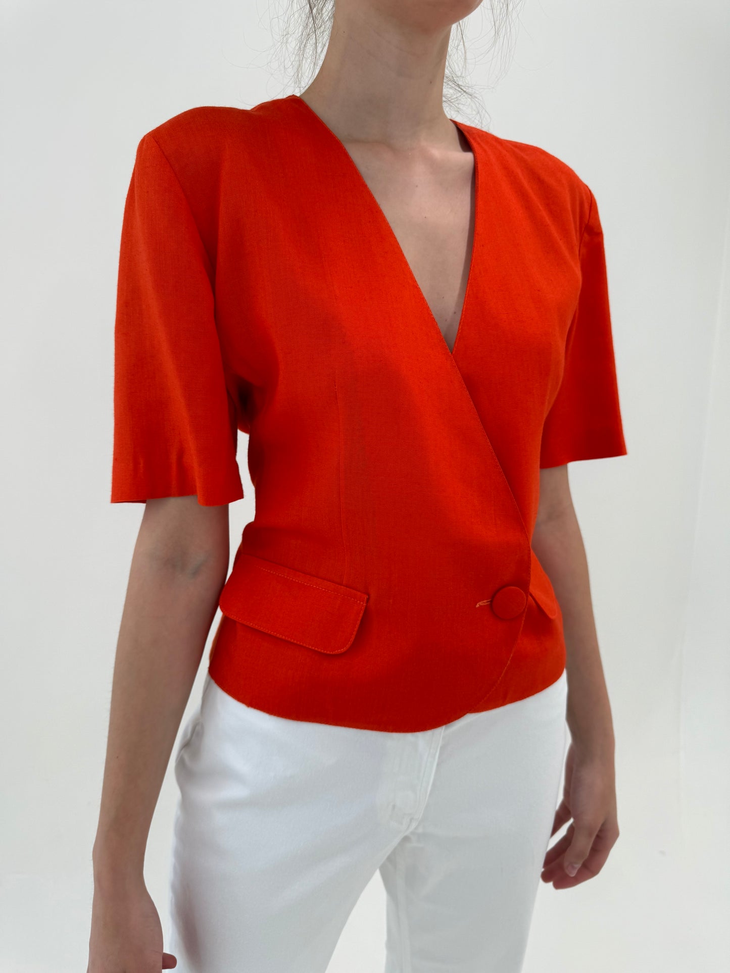 Sacou italian electric coral red din pânză de in și vascoza