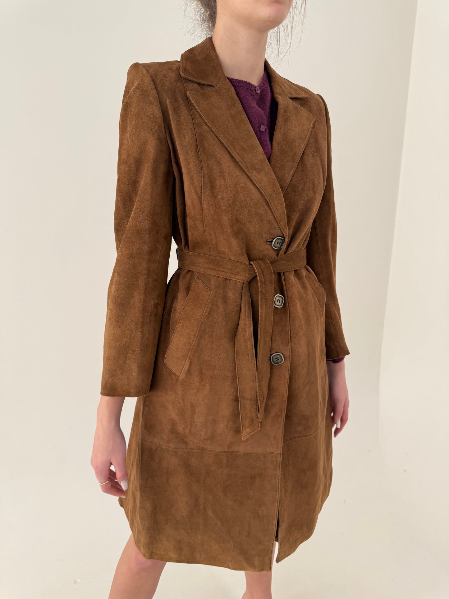 Trench vintage italian din piele naturală întoarsă mănușă cu cordon