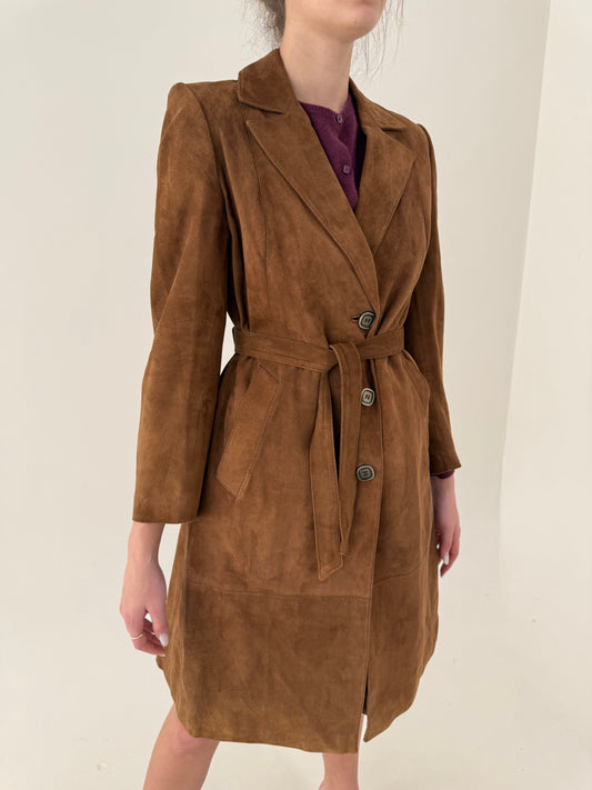 Trench vintage italian din piele naturală întoarsă mănușă cu cordon