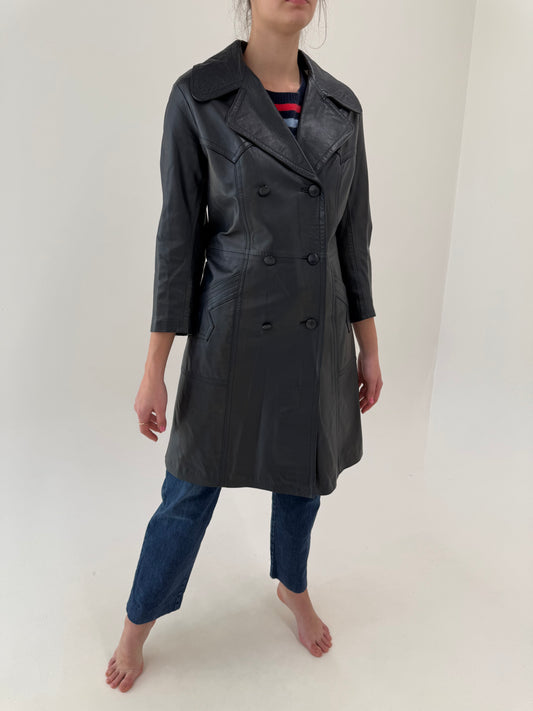 Trench petite Navy blue din piele naturală moale cu încheiere dublă