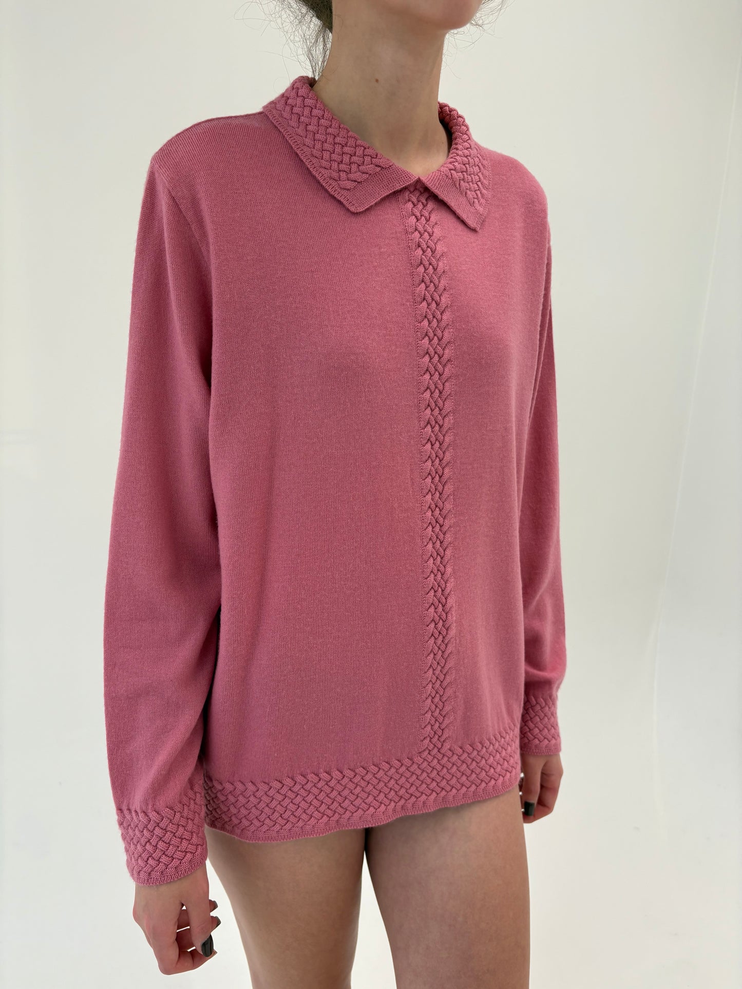 Pulover polo powder Pink din lana merino extrafina certificată de gramaj mare