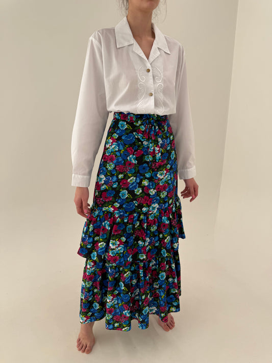 Fustă maxi cu print floral și Vali albe cu talie ultra înaltă