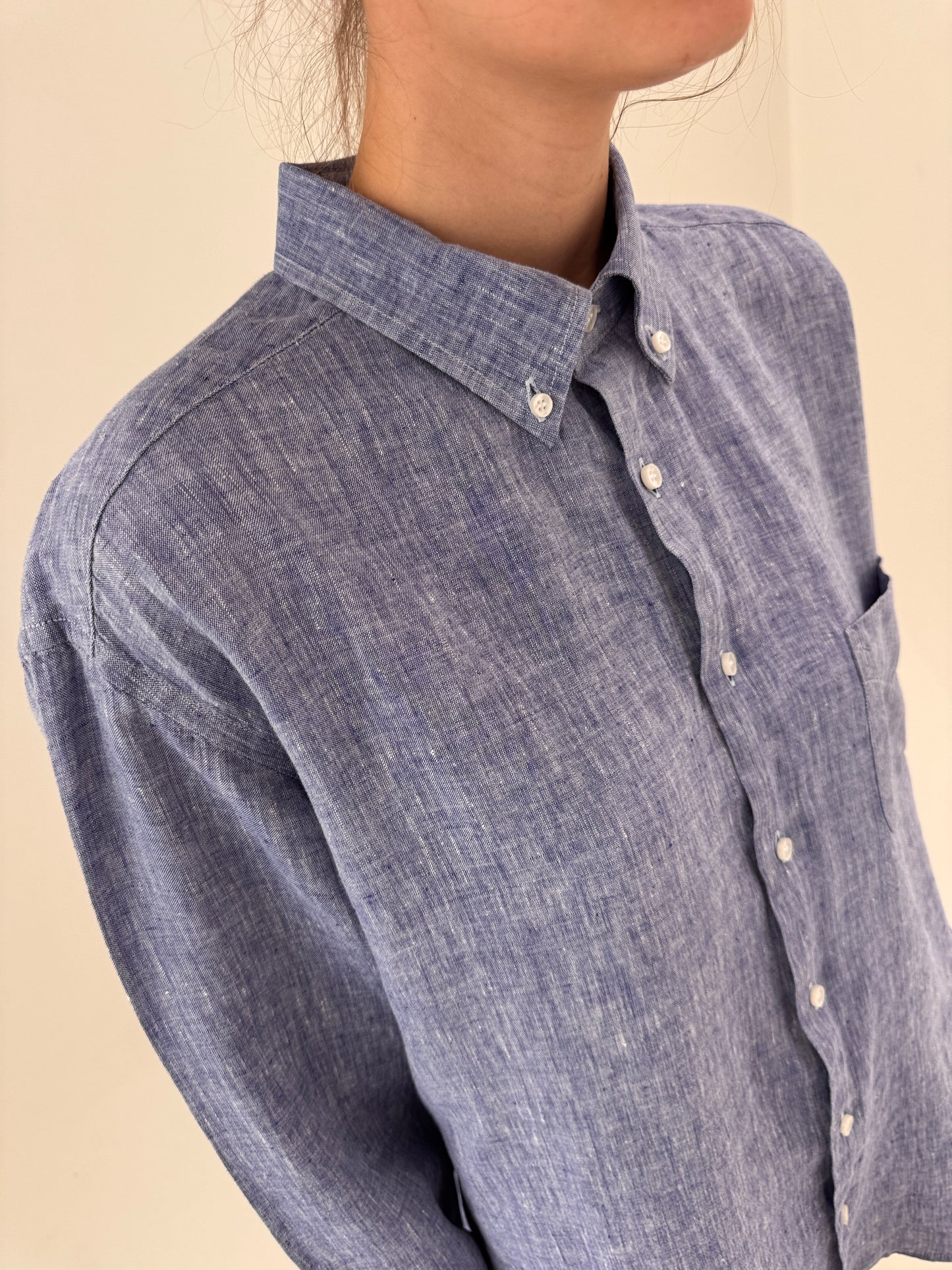 Cămașa light Jeans Blue din in italian excepțional în croi oversized