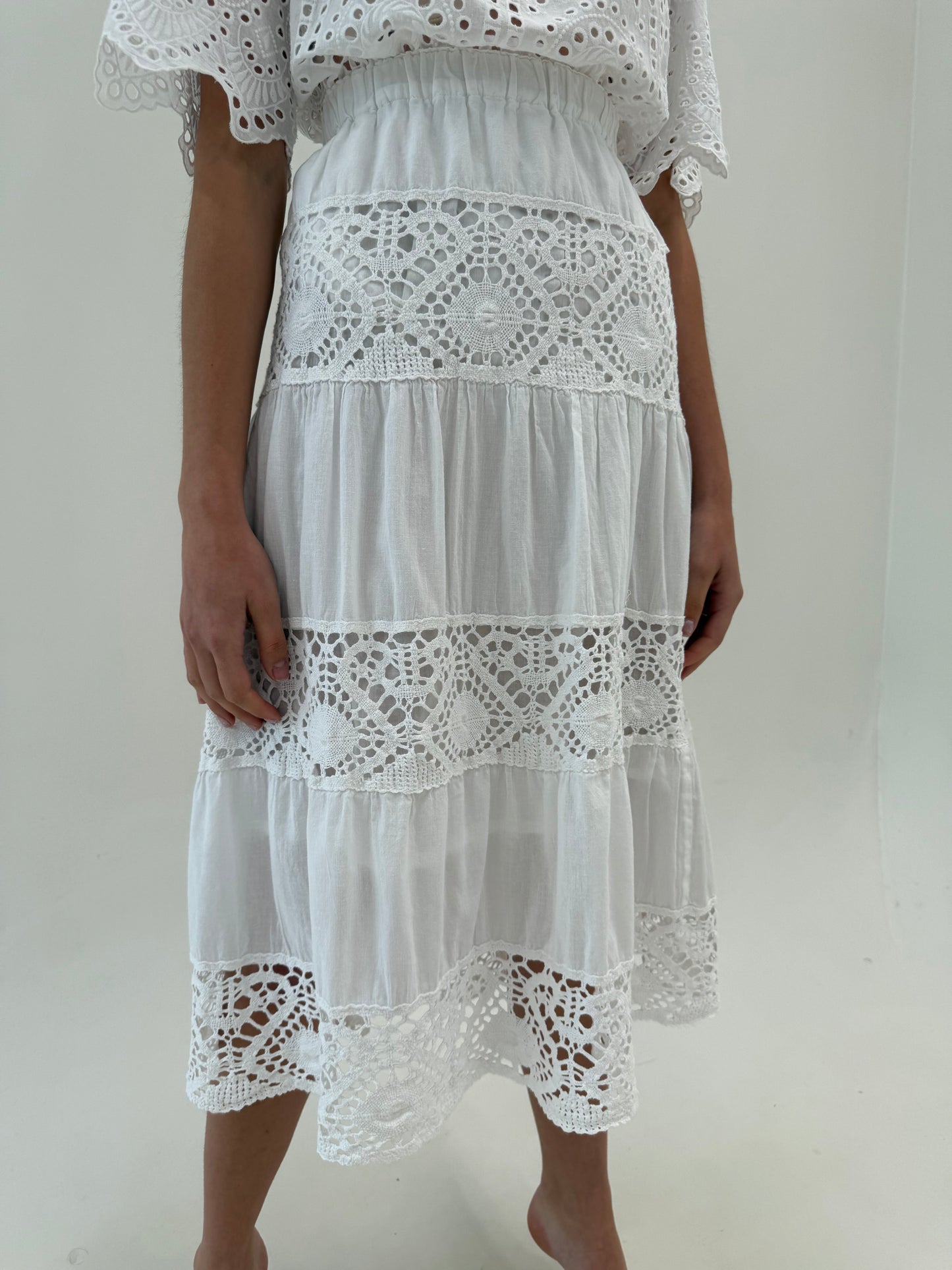 Fustă din bumbac super vaporos cu macrame midi lung și talie ultra înaltă