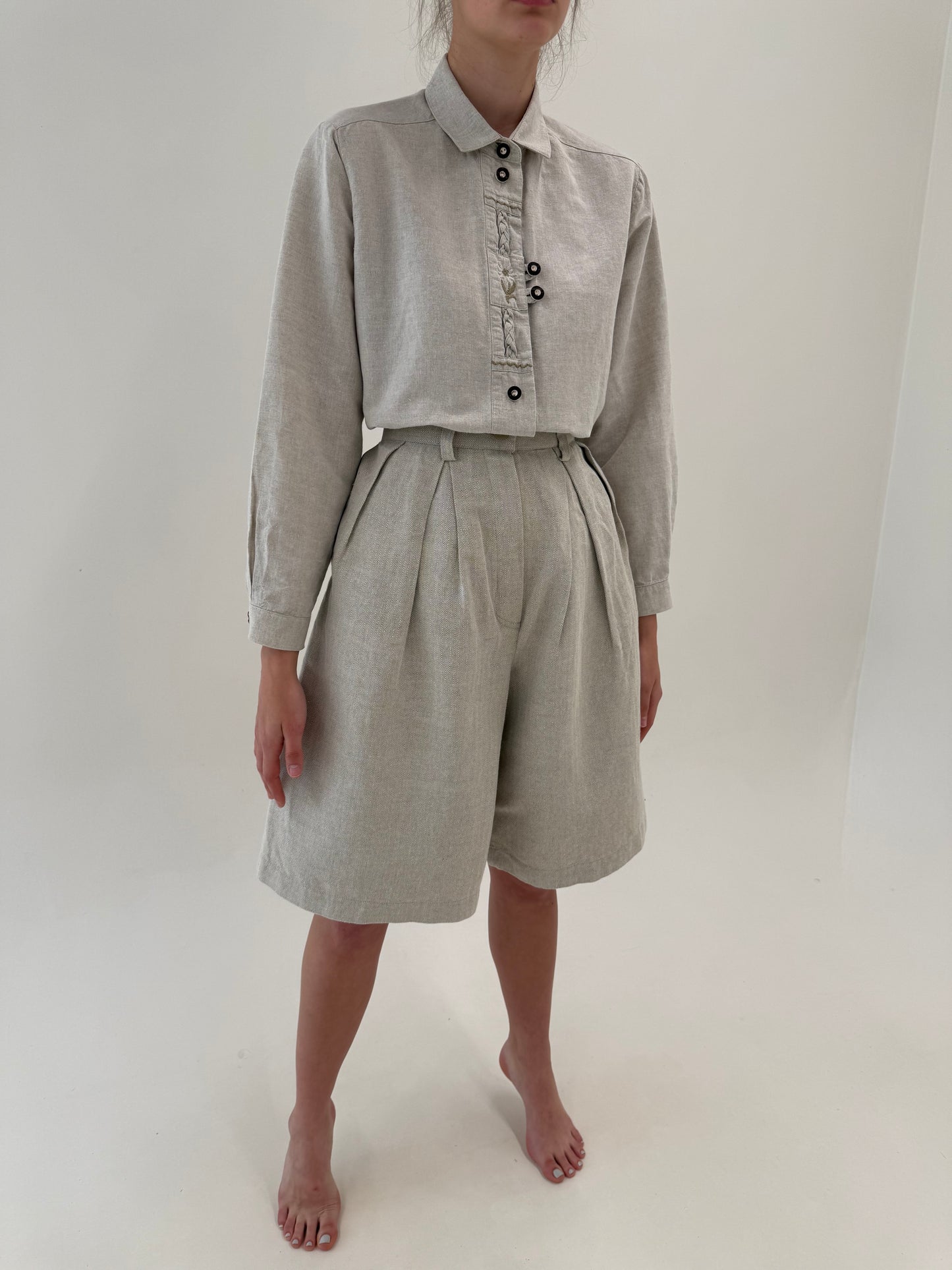 Pantaloni vintage din pânză grea de in Chevron cu talie ultra înaltă