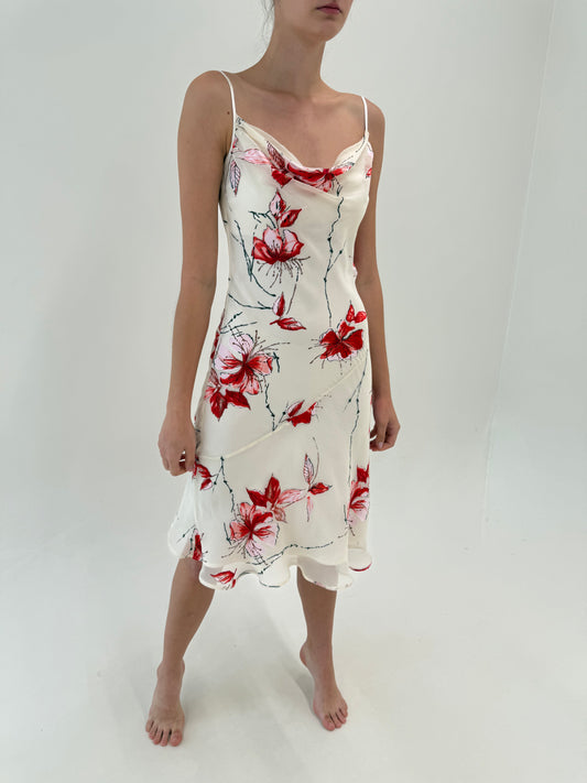Rochie din mătase naturală tip furou midi în bie cu print floral de la zi la seară