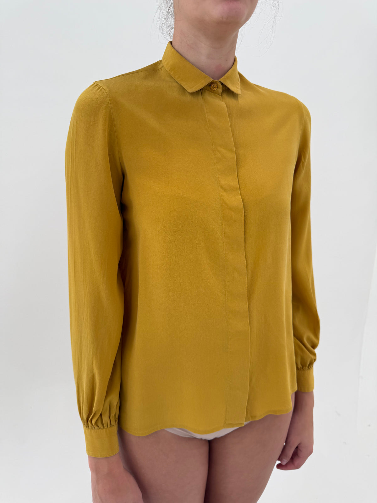 Cămașa vintage petite mustard yellow din mătase naturală