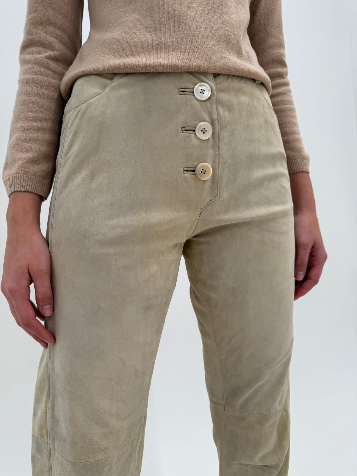 Pantaloni camel din piele naturală întoarsă extrem de moale tall și talie înaltă