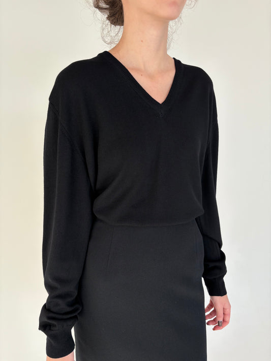 Pulover italian negru în anchior din lana merino extrafina de gramaj mare