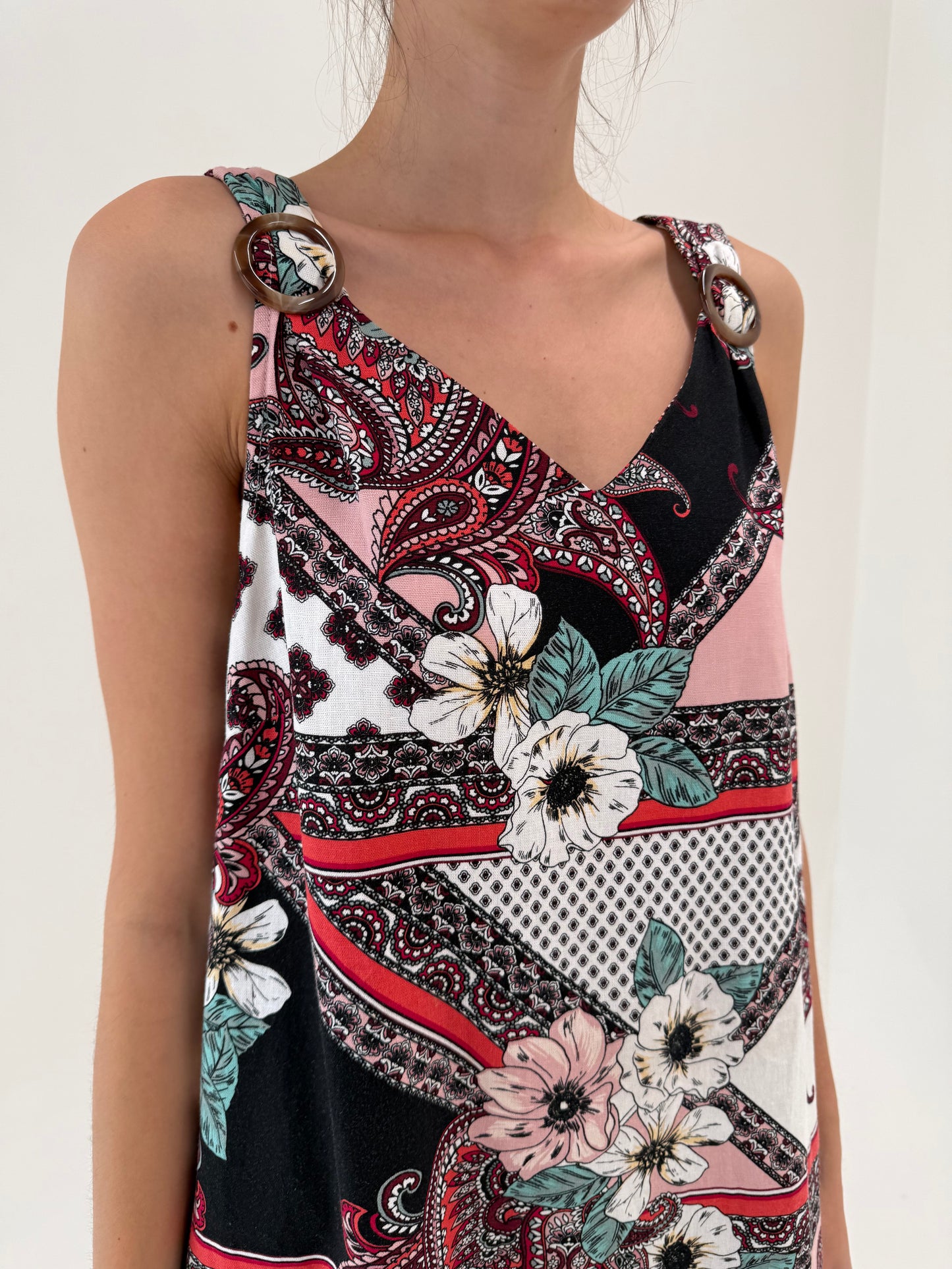 Rochie din panza de in cu print paisley și buzunare