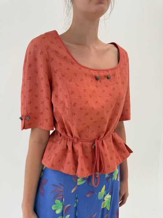 Corsaj vintage din pânză de in și bumbac dusty terracotta cu talie reglabilă