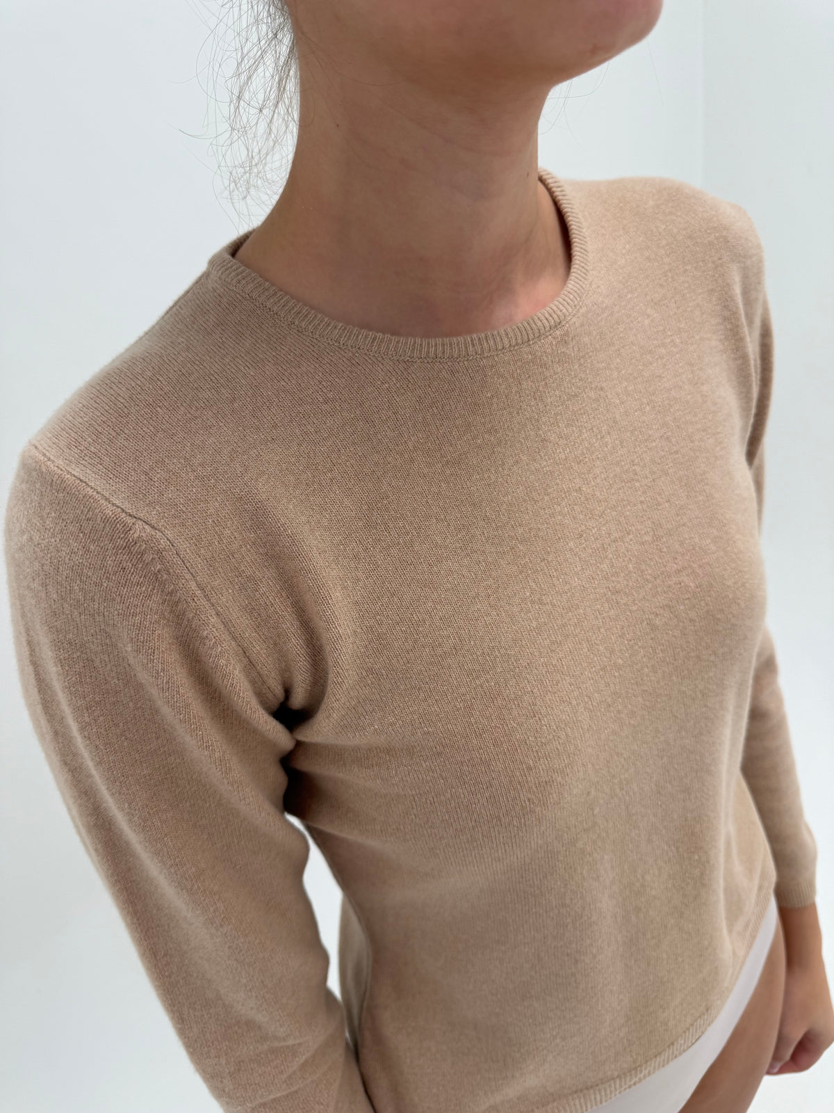 Pulover cambrat din cașmir camel multiply crew neck